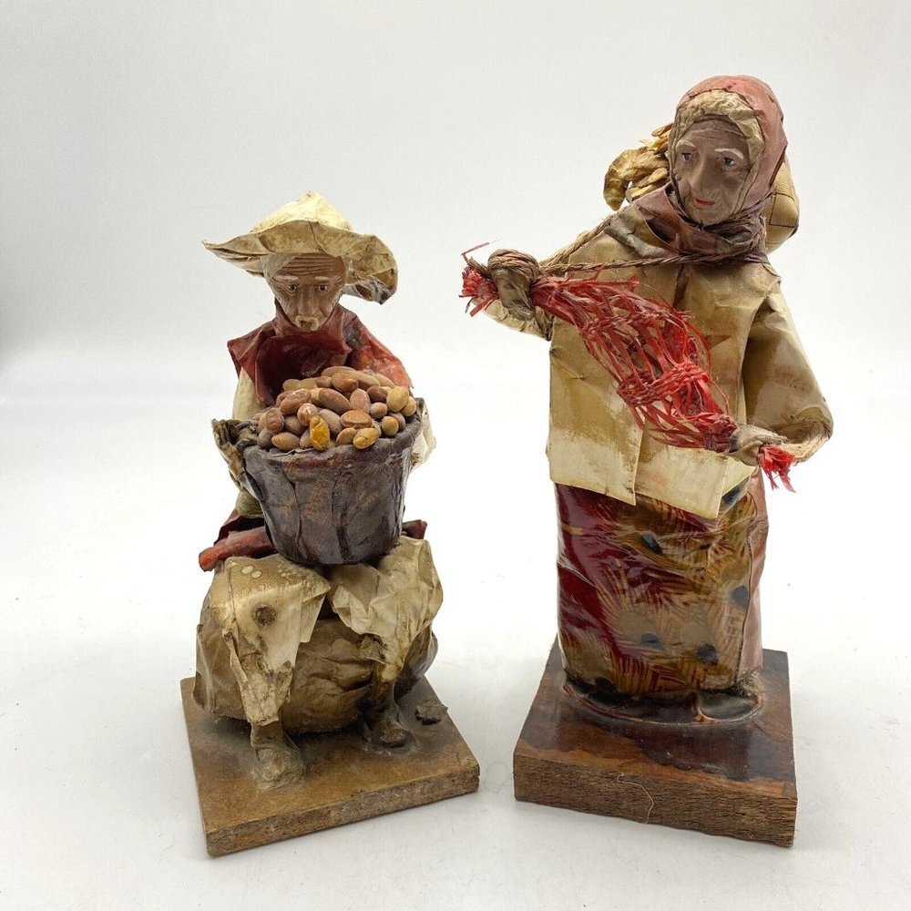 Vintage Latin American Folk Art Paper Mache Villager‎ Figures Handcrafted 2 Lot